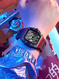 Men's Tonneau Skeleton Quartz Watch, Luminous Silicone Strap Wristwatch