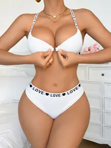 Love Letter Front Buckle Backless Cross Strap Bra Set, Everyday Sexy Triangle Panties, Slim Fit, Max Support, Underwire, All Seasons, Underwear