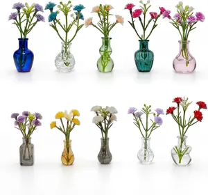 10-Pack Magnetic Mini Clear Glass Bud Vases for Fridge - Strong Magnets, Leak-Proof Propagation Vases with 10 Faux Flowers for Mom, Locker and Cubicle Decor(Sea Glass Green)
