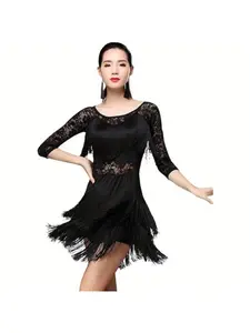 Womens Latin Dance Dress Elegant Lace Fringe Costume Ballroom Performance Outfit for Competition, Salsa, Stage Shows, Dance Clothing