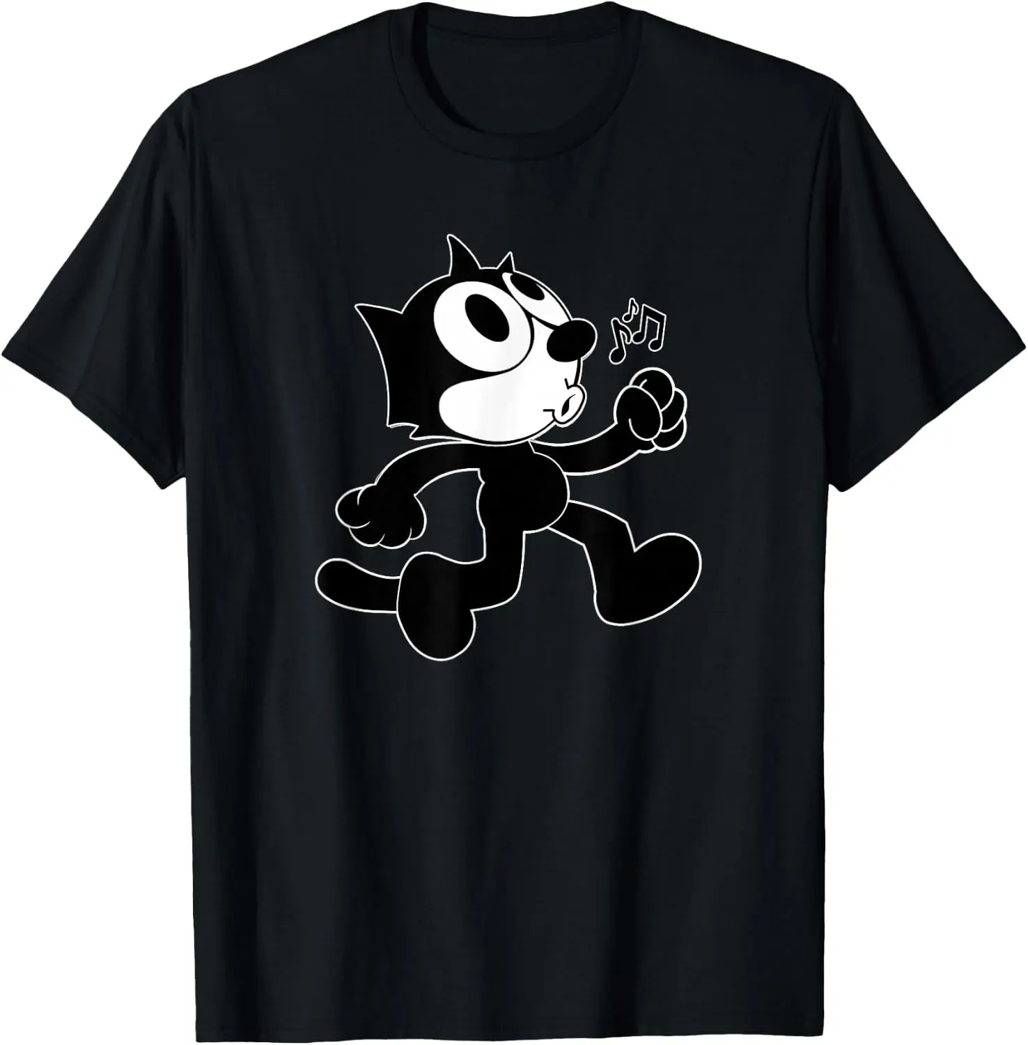 Felix The Cat Whistling & Walking Graphic T‑Shirt, Classic Vintage Cartoon With Music Notes Print, Casual Unisex Short Sleeve Tee for Retro Animation Fans