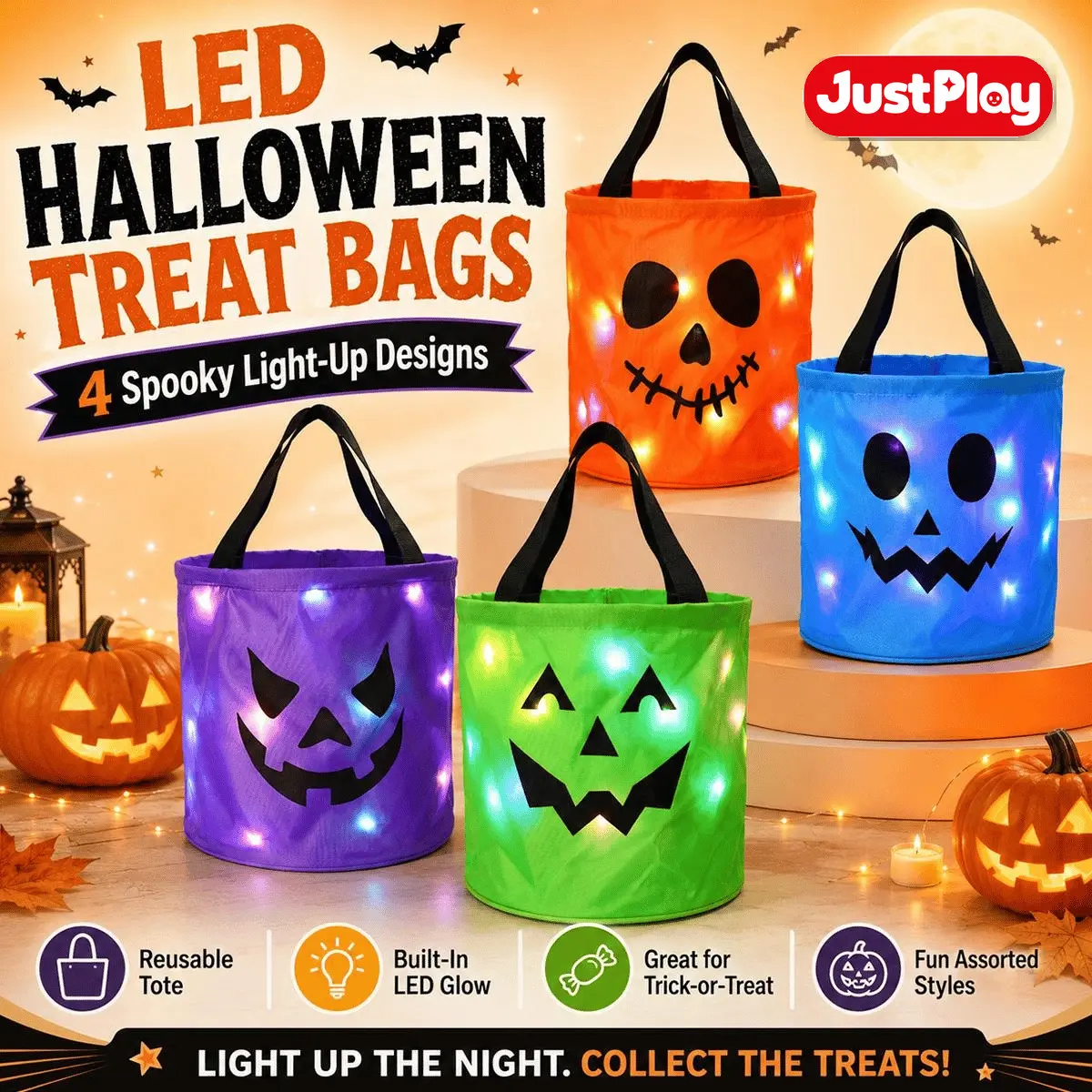 【JustPlay】2026 4pcs Halloween New Candy Bucket with LED Lights Non Woven Gift Bags Trick or Treat Bags Pumpkin Candy Bags Reusable Tote Bags for Kids Students Adults