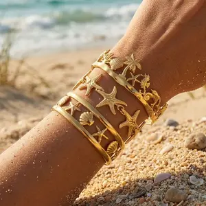Stainless Steel Vintage Exaggerated Wide Cuff Bangle for Women Gold Color Starfish S Geometric Bracelet Beach Party Jewelry