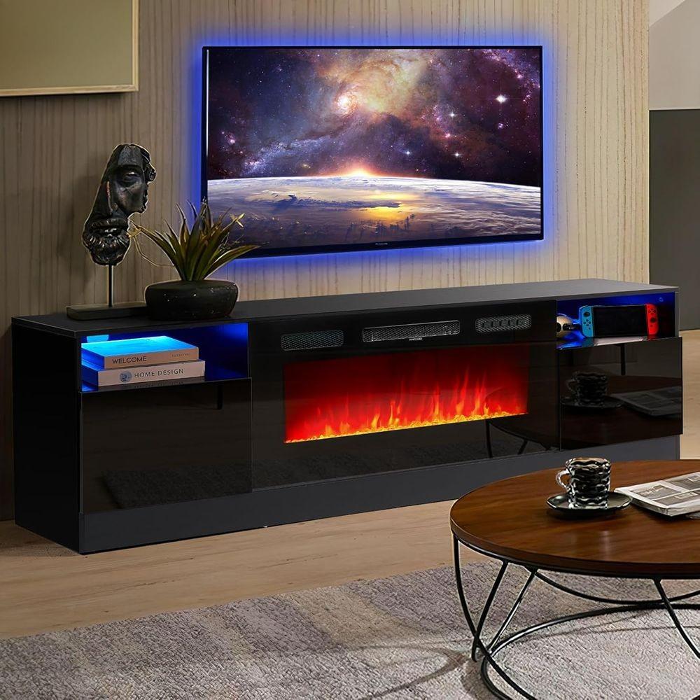 36in Electric Fireplace, LED Light Entertainment Center, Dark Wood Grain TV Stand for TVs up to 80