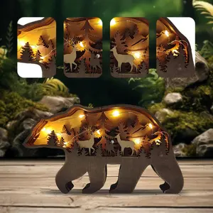 3D Wood Forest Bear Carving Animals Lamp Home Decorative, Cute Bear Family Elephant Presents Ideas Christmas Living Room Office Decor Warm LED Night Lights Gift for Friend Daughter Son Mom Dad