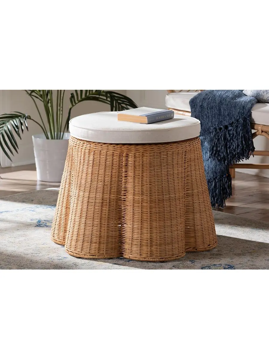 Bali & Pari 26 in. Round Palm Scallop Coastal Boho Natural Rattan Ottoman Footstool with Light Honey Cushion