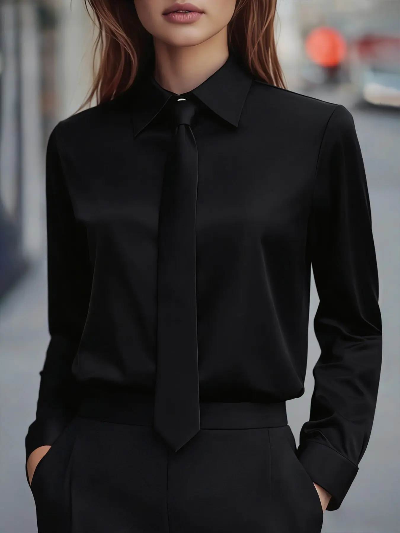 Elegant solid color smooth satin blouse Shirts Top for women, long sleeves, tie and single-breasted design, Fit, perfect for all seasons.