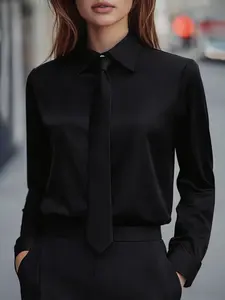Elegant solid color satin blouse for women, long sleeves, tie and single-breasted design, perfect for all seasons, Womenswear, Shirts