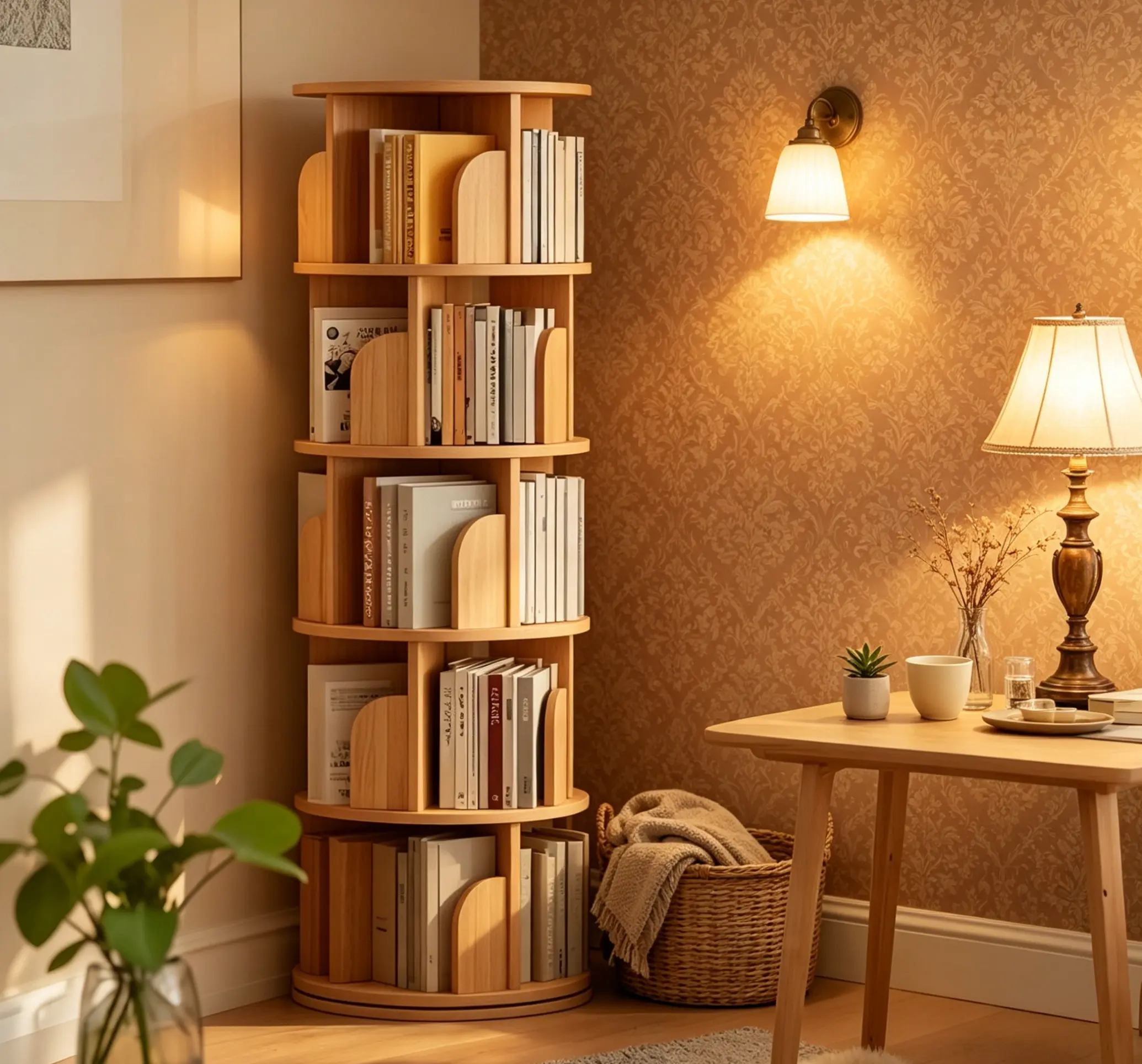 360° Rotating Round Bookcase with Wheels - Space-Saving Tower Shelf for Home, Office Furniture (Small Space Storage Cabinet Rack)