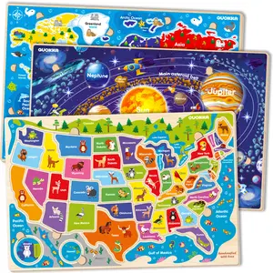 QUOKKA 3-Set Wooden Jigsaw Puzzles for Toddlers Ages 4-6, Animal-Infused Map & Space Themed Learning Toys with Toddler-Friendly Wood Material, Animals