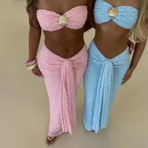 Women's Sexy 2-Piece Summer Set Strapless Bandeau Top & Tie-Front Maxi Skirt Shell-Inspired Detail Lightweight Fabric Figure-Flattering Design