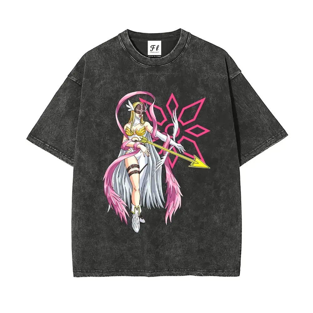 ST 100%cotton Angewomon Anime with Crest and Arrow Graphic Washed T-Shirt,Full Front Angewomon Golden Arrow Pink Sun Burst Print Tee Digimon Adventure Angewomon Classic 90s Anime Otaku Merch