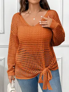 Summer Boho Style Hollow Out Knit Cardigan for Women, V Neck Loose Fit Batwing Sleeve, Asymmetrical Hem Tie-Up Sun Protection Top
