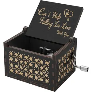 Vintage Wood Engraved Hand Crank Music Box Can't Help Falling in Lov Romantic Musical Gift for Her Him Valentine's Day Anniversary Birthday Present