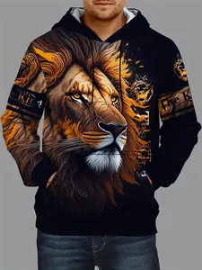This unisex 3D lion pattern printed hoodie is a Harajuku-style streetwear with note and crown designs. It is a machine-washable casual sportswear suitable for both men and women, and can be worn all season outdoors and on the beach