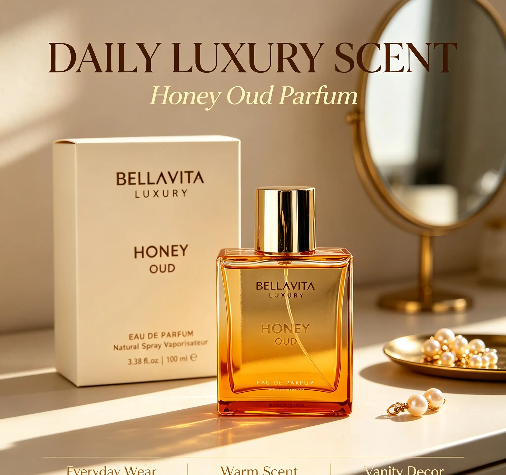 Bellavita Honey Oud Unisex Luxury EDP (3.4oz) - Warm Woody Honey Vegan Fragrance with Bergamot, Patchouli, Vanilla, Long-Lasting for Men & Women