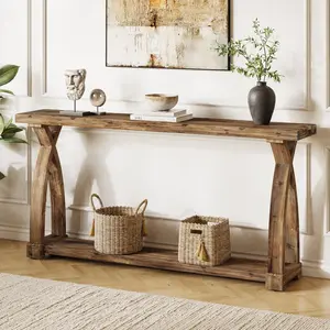 Tribewood Rustic Brown 63-Inch Solid Wood Console Table for Living Room, Entryway & Foyer with 2-Tier Storage