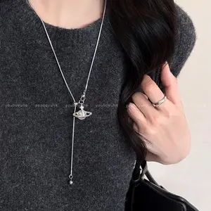 Adjustable Saturn Pendant Necklace, Titanium Steel Lariat Style Pearl Saturn Charm Necklace, Adjustable Snake Chain Sweater Chain
