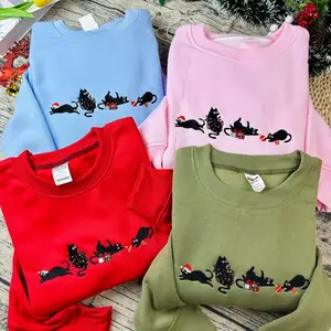 Embroidered Christmas Black Cat Sweatshirt: Cozy Holiday Crewneck
