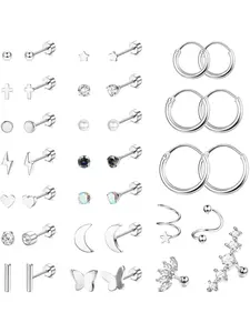 20G Stainless Steel Stud Earrings for Women Men Star Moon Heart CZ Flat Back Earrings Set Cartilage Earrings Hoop Small Flatback Earrings Stud Tragus Helix Daith Piercing Jewelry Ear Studs