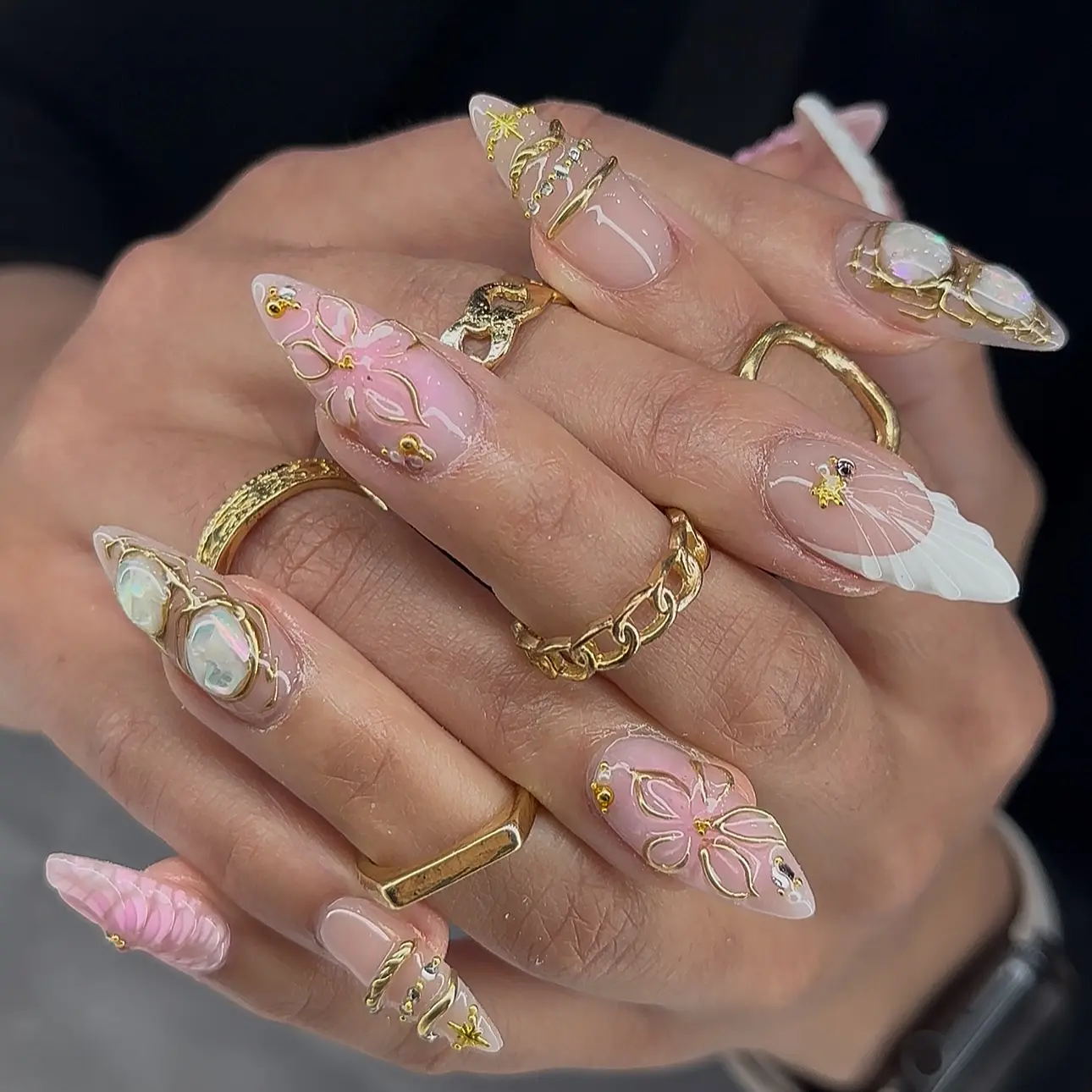 Luxury Mermaid Shell Press On Nails Long Almond  Handmade Pink Floral 3D Pearl Seashell Gold Chrome Nail Art  Reusable Glossy Glue On Acrylic False Nails for Beach Wedding, Bridal & Vacation