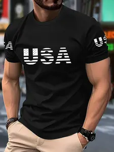 Men's Short Sleeve T-Shirt USA-Themed Print Creative Font Design with Flag Elements American Trendy Style Personalized Casual Tee