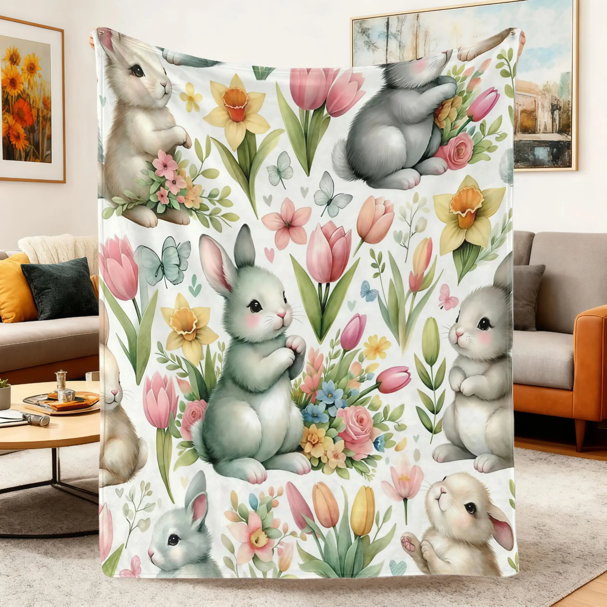 Easter Bunny Flannel Throw Blanket, Soft Comfortable with Colorful Egg Pattern, Cozy Lightweight for Kids, 30x40 inches/80x60inch, All Seasons Animals Themed Blanket for Bedroom Sofa, summerwins Gym-Ready Linen Textile