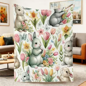 Soft Comfortable Easter Bunny Flannel Throw Blanket with Colorful Egg Pattern Cozy Lightweight for Kids Family Warm Spring Holiday Blanket for Bedroom Sofa