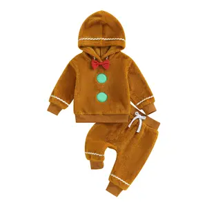 Gingerbread Man Outfit Baby Boy Girl Toddler Kids Halloween Christmas Clothes Hooded Sweatshirt Fuzzy Pants Set