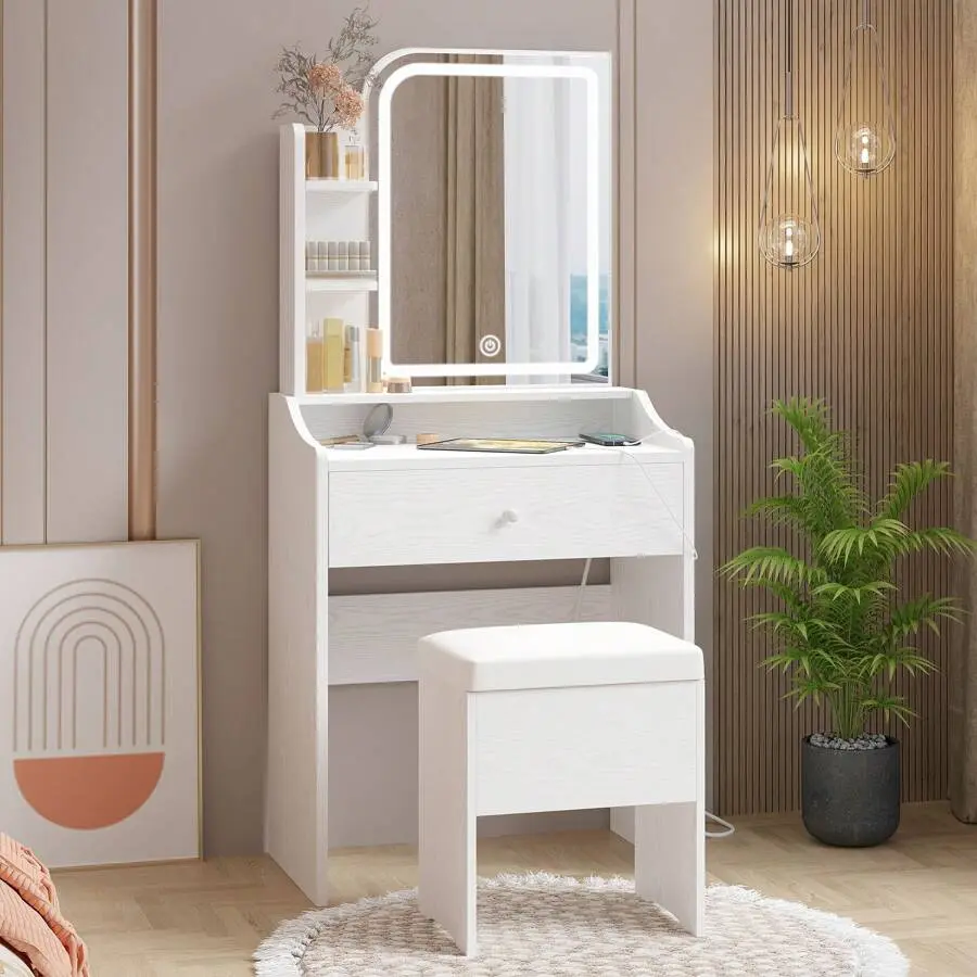 Small Makeup Vanity Desk With Mirror And Lights, Vanity Table Set With Storage Drawer, Chair And Three Shelves, For Bedroom