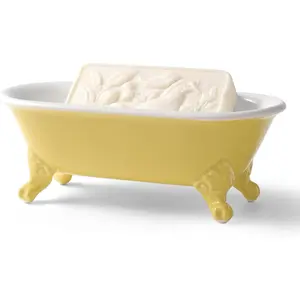 6.5" Ceramic Mini Decorative Clawfoot Bathtub Bar Soap Dish, Kitchen Sponge Holder and Shower Tray for Bathroom, 1 Pack(Yellow)