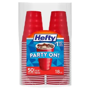 Hefty Party On Disposable Plastic Party Cups, 50 Count, 18 Oz Red Cups for Parties, Tailgates, Birthdays, Holidays, and More, Contoured Shape for Easy...