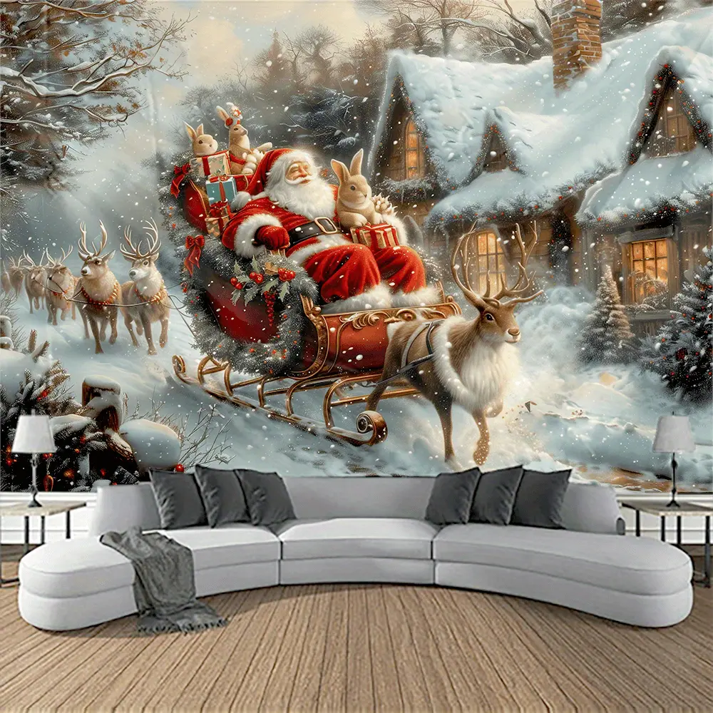 Magical Santa Sleigh 1-Piece Polyester Backdrop - Festive Snowy Scene Wall Decor Ornaments, Christmas Party & Living Room Winter Home Supplies Banner