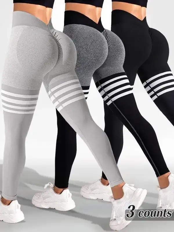 Sporty Women's Striped Print Ruched V-Waist Back Sports Leggings, High Stretch Yoga Leggings, Ladies Sportswear for Indoor Wear, Tummy Control
