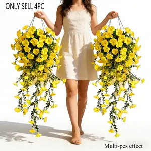 4pcs Spring Yellow Trumpet Flower Simulated Morning Glory Decor, Artificial Hanging Plants | Vibrant Flowers and Eucalyptus Leaves for Decoration | No Electricity Required | Maintenance-Free Artificial Flowers | Ideal for Home | Yard | Patio