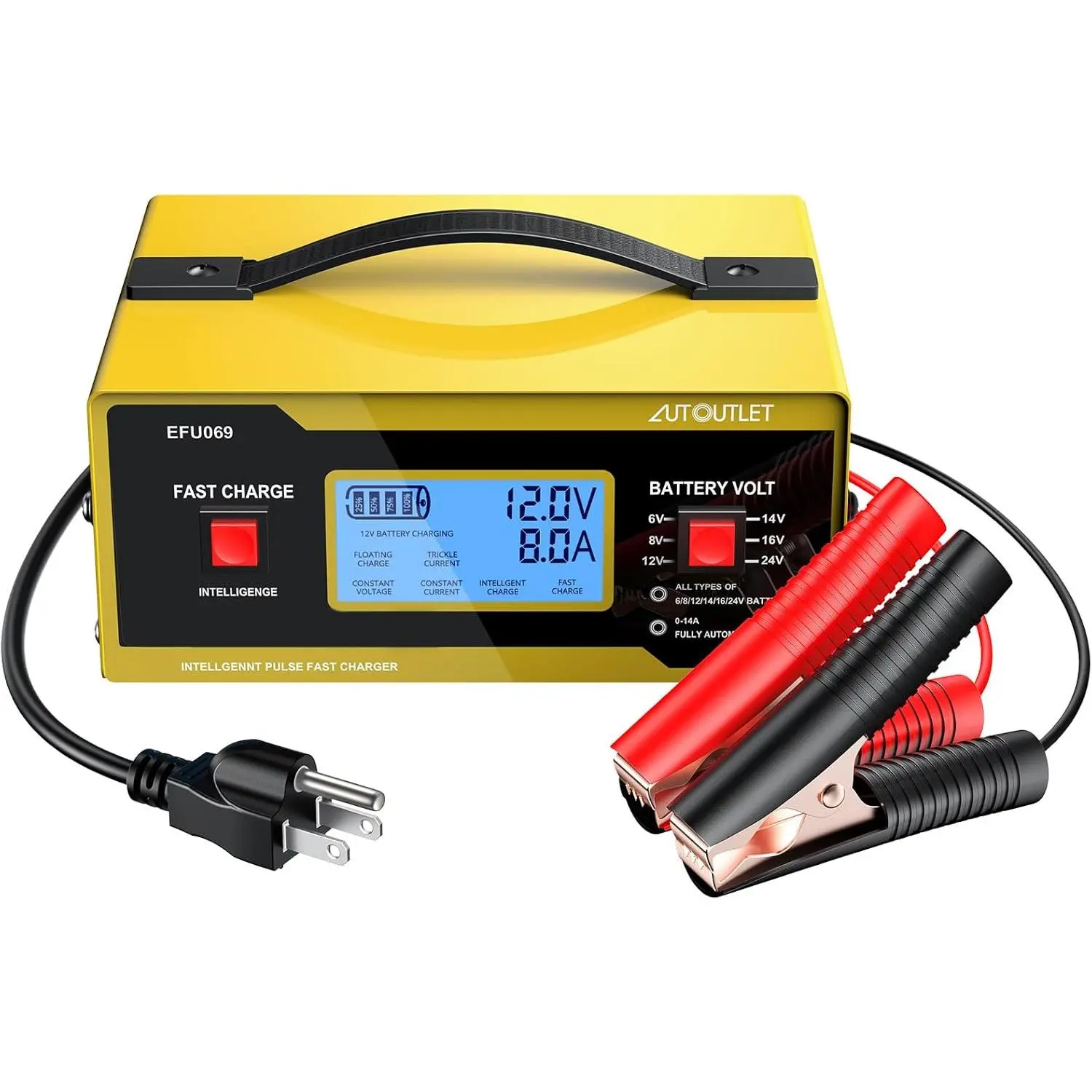 AUTOUTLET Upgraded 6/8/12/14/16/24V Battery Charger Automotive Smart Car Battery Charger and Trickle Maintainer 0-14A Fully Automatic with Cable Clamps