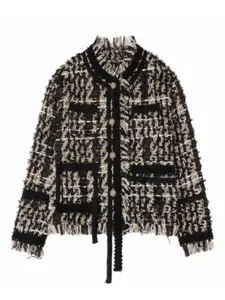 Women's Plaid Print Fringe Trim Tweed Jacket Long Sleeve, Elegant Casual Open Front Outerwear for Spring & Fall, Ladies Clothes for Daily Wear, Coats