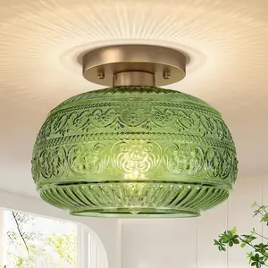 Semi Flush Mount Ceiling Light, 9" Green Glass Gold Fixture, Modern Close to Ceiling Light for Kitchen Hallway Bedroom, E26 Base,Bulb NOT Included