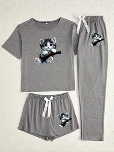 Women's Cartoon Cat Print Sleepwear Set, Three-Piece Fitted Pajamas, Casual Everyday All-Season Loungewear, Comfortable Nightwear, Womenswear, Essential, Breathable Fabric
