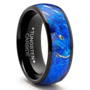 Men's Black Tungsten Ring Wedding Band Blue Wood Burl 8MM Comfort-Fit