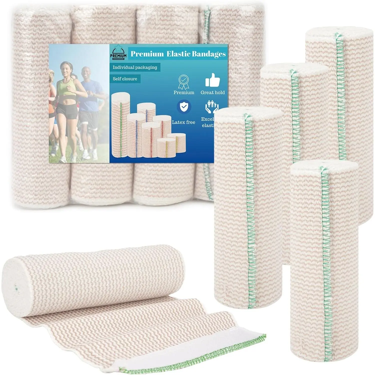 Premium Elastic Bandage Wrap 6 inch 4 Pack Reusable Versatile Self-Closing Compression Wraps for Ankles Wrists Knee Tummy and Body Cotton Latex-Free Lymphedema Wraps for Legs