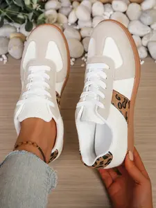 Leopard Print Retro Trainer Sneakers, Waffle Fabric Upper, Synthetic Leather Accents, Anti-Slip Rubber Sole, Comfortable Lacing, Versatile Style