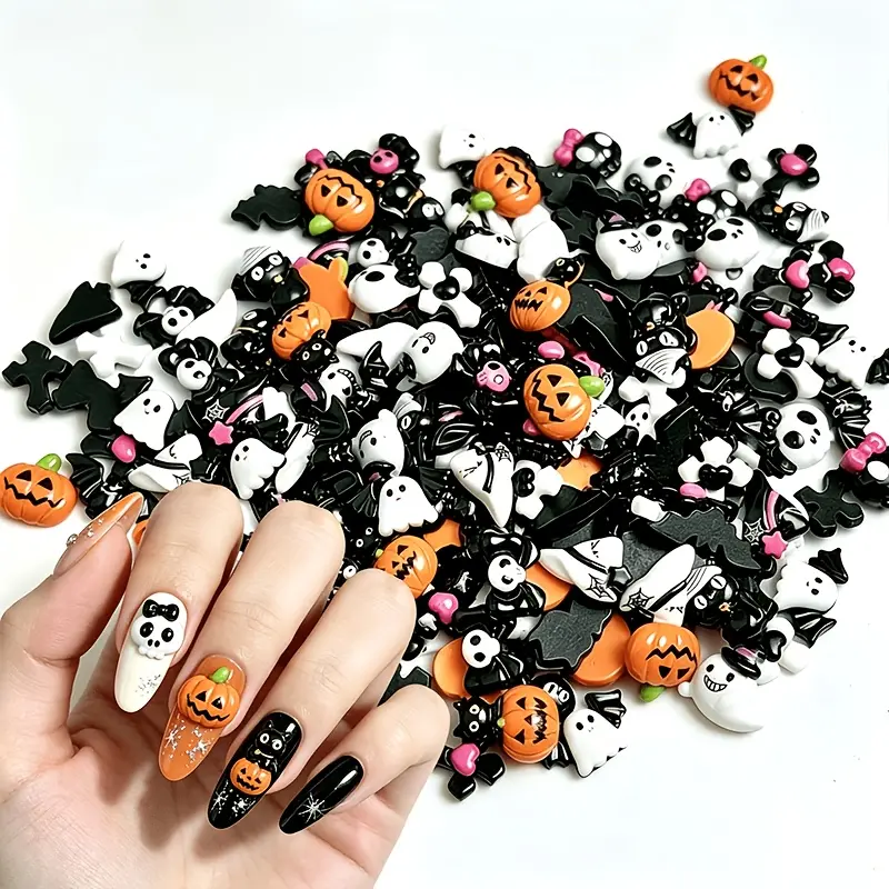 50pcs Mixed Halloween Resin Nail Craft Set - Skull, Pumpkin, Bat, Black Cat Flat Back Embellishments for Nail Art, Scrapbooking, DIY Crafts, Hair Clips, Phone Case, Jewelry Making, Halloween Creative Hobbyists, Craft Findings & Nail Art