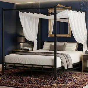 Queen Size Metal Canopy Bed Frame, Sturdy Metal Slat Support Mattress Foundation, No Box Spring Required, Easy Assembly Modern Bedroom Furniture, Black Stylish Home Decor, Festive Christmas Bedroom Decoration, Fits Full Queen Bedroom Bed Frame