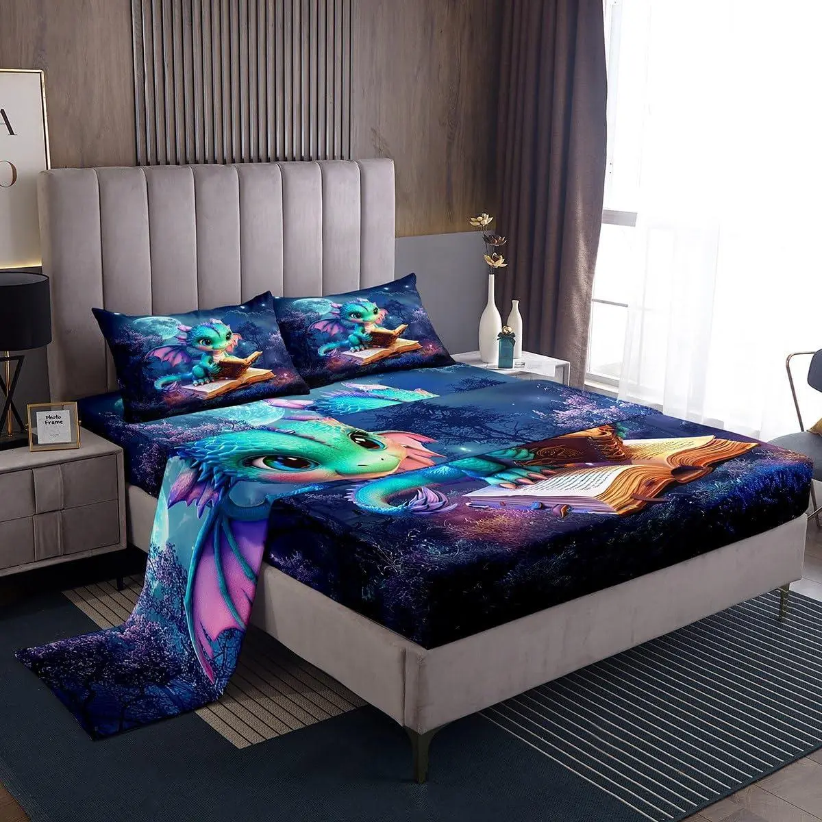 Cartoon Dragon Sheet Magic Jungle Night Bedding Set,Cute Dragon Books Kids Teens Audlts Room Decor Starry Moon Sky Fashion Bed Sheet Set,(Fitted + Flat Sheet)