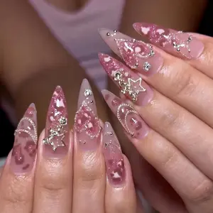 Y2K Pink Leopard Print Press on Nails with Silver Star & Rhinestone | Fake Nails in Long Stiletto | Baddie Girly Handmade Nail Art