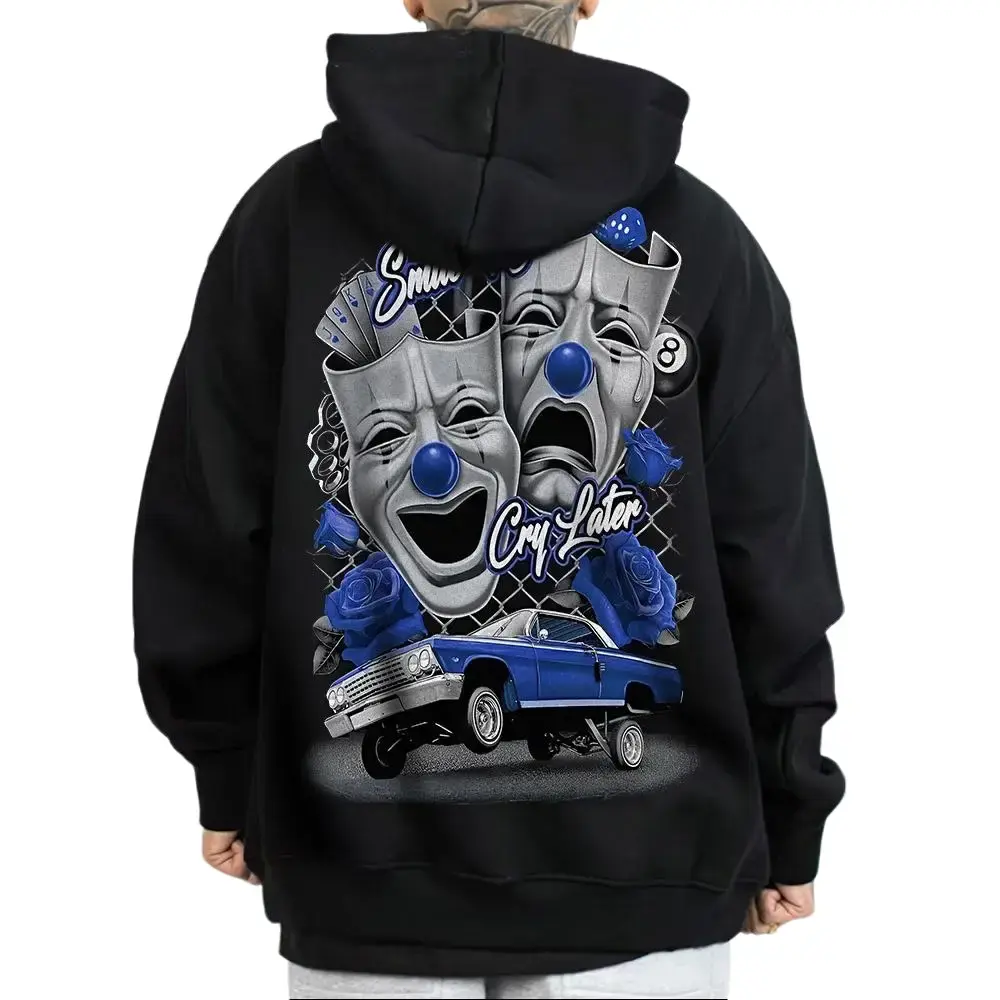 Graphic Blue Rose Smile Now Cry Later Unisex Hoodie Chicano Mexican Style Casual Streetwear Outfits