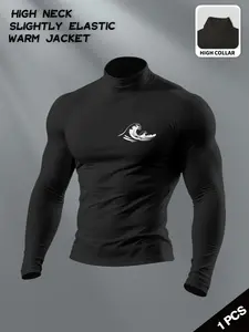 Men's High Neck Compression Thermal Top - Slim Fit Elastic Base Layer with Surf Wave Graphic, Warm Long Sleeve Shirt for Gym, Surfing, Outdoor Activities & Daily Wear, Versatile Athletic Undershirt for Fitness Enthusiasts, Surfers, Compression Garment
