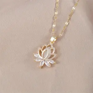 2026 New Gold Lotus Pendant Necklace, inlaid with sparkling cubic zirconia. Minimalist dainty design, perfect for daily wear and special occasions, a delicate spiritual gift for women.