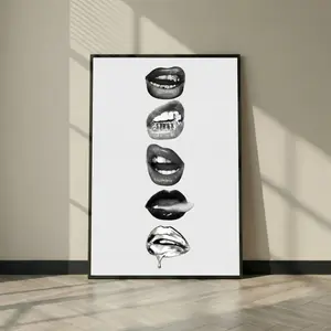 [UNFRAMED POSTER] Black and White Lips Poster Print, Edgy Fashion Wall Art with Grills Smoke and Dripping Chrome Lips, Modern Bedroom Studio Decor Gift